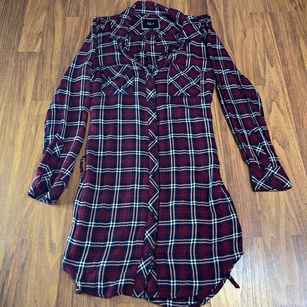 Rails Plaid Shirt Dress Womens Small Burgundy Rayon Long Sleeve Button Down Mini